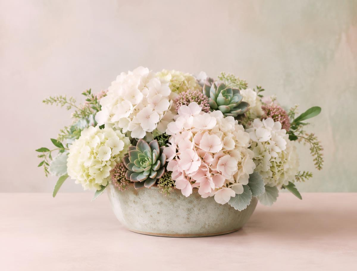 Compact pastel hydrangea arrangement