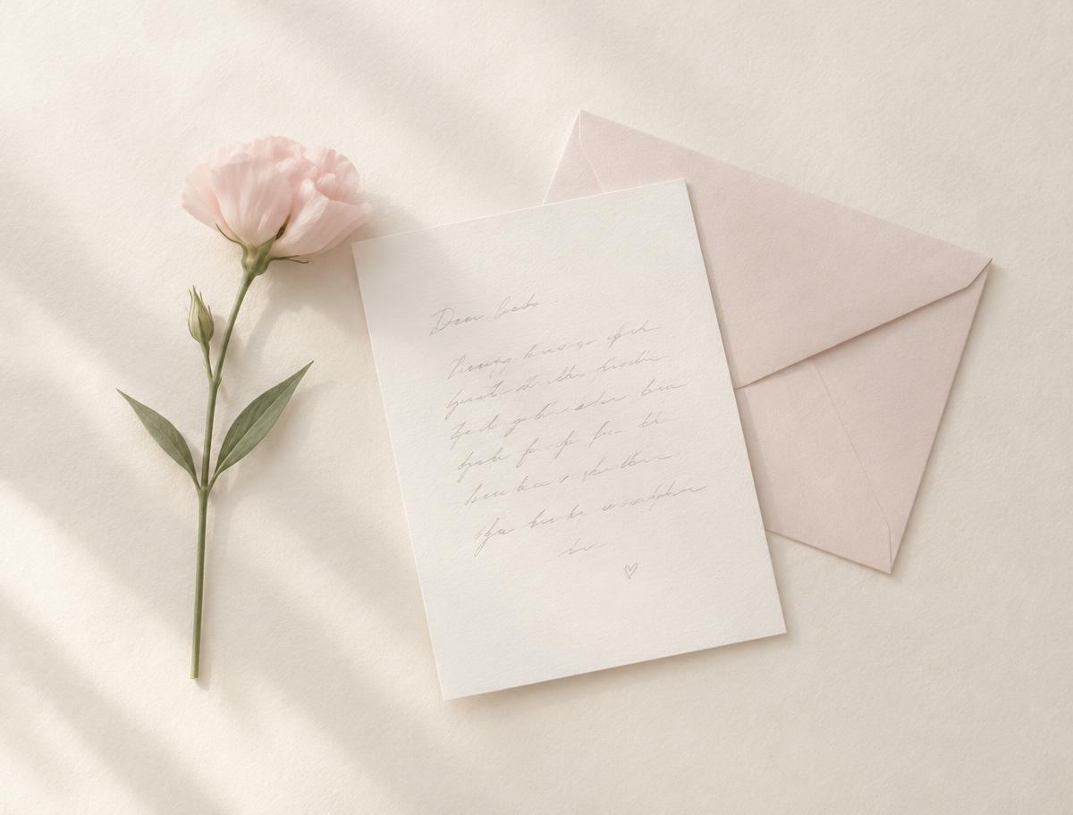 Handwritten card beside a single pink flower
