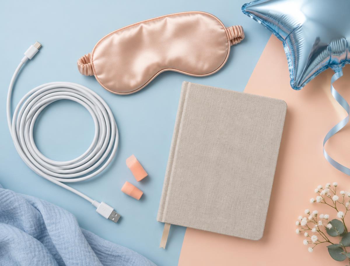 Eye mask, charging cable and journal