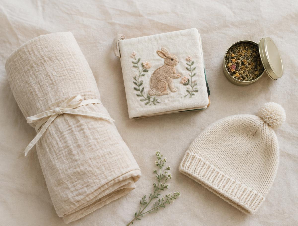 Newborn swaddle, book and knit hat